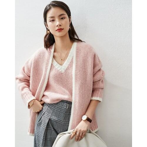 100% cashmere sweater women cardigan autumn and winter womens two-piece suit, elegant contrast color, thick stitch cashmere ve