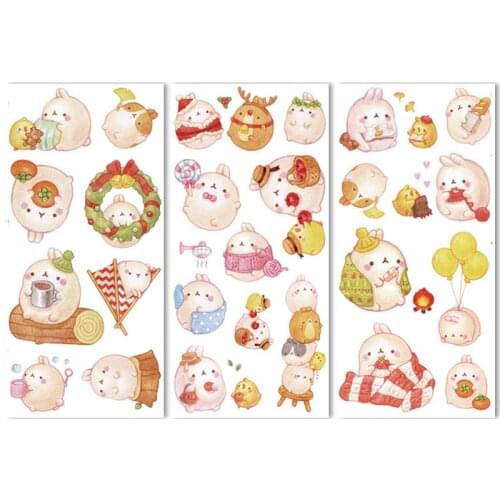 3Sheets Cute Rabbit Kawaii Decorative Stickers Cartoon Animal Journal Stickers Scrapbooking DIY Phone Stationery Supplies