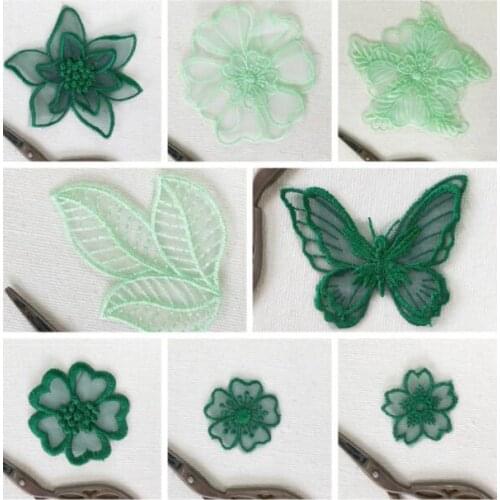 5 Pieces/lot Green Color Beautiful 3D Flower Lace Applique Butterfly Leaf Pattern Sewing Trims DIY Craft