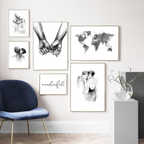 Black and White Couple Hand-painted Map Poster Sofa Home Decoration Living Room Bedroom Dining Room Frameless Painting Core