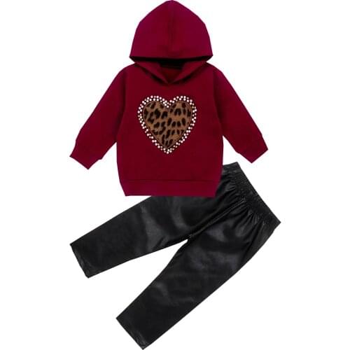 1-5Y Cute Girl Clothes 2019 Toddler Kids Baby Girls Tracksuit Love Heart Hoodies Tops+PU Pants 2PCS Outfits
