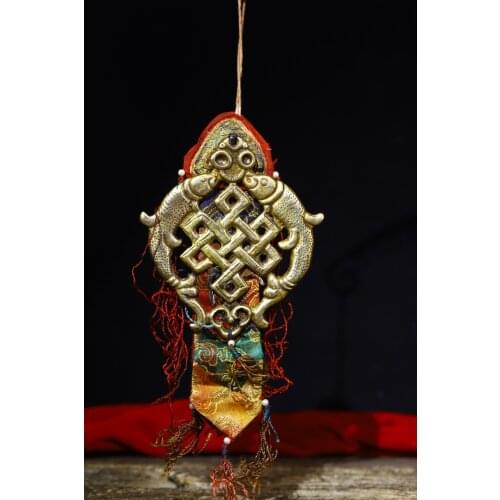 Home Decor 10" Tibet Buddhism Old Bronze Pisces Statue Prayer flags Pendant Exorcism Ward off evil spirits