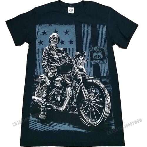 Historic Route 66 Skeleton on Motorcycle Graphic T-Shirt Tshirts Normal High Quality Men Tops Tees Normal Cotton