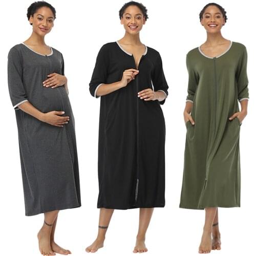 Witbuy Women Long Sleepwear Soft Zipper Front Robes Autumn Nightgown Warm Cotton Kimono Loungewear Maternity Bathrobe Pajamas