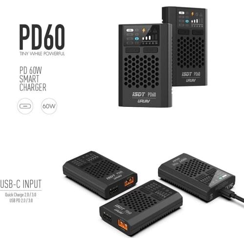 ISDT PD60 60W Lipo Battery Balance Charger Type-C Input For Lipo LiHV LiFe NIMH/Cd Battery For RC Car Racing Drone