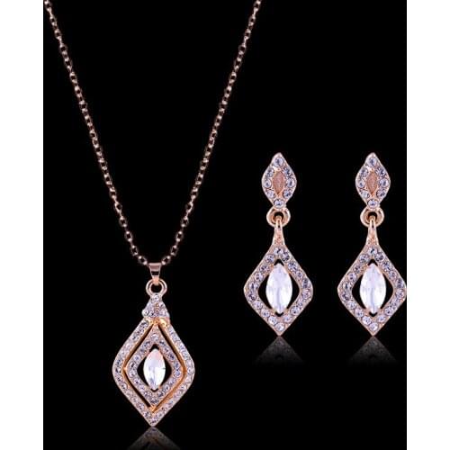Classic Rhinestone Inlaid Hollow Geometric Rhombus Square Stitching Pendent Earrings Necklace Jewelry Set for Women Girls Gift
