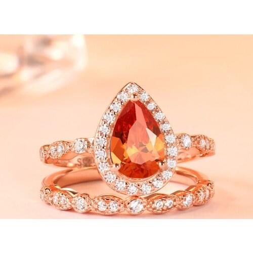 Exquisite 925 Standard Silver Water Drop Shape Champagne Gemstone Wedding Ring Set Bride Engagement Jewelry Gifts