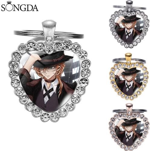 Fashion Anime Bungou Stray Dogs Keychain Dazai Osamu Nakahara Chuya Glass Cabochon Heart Pendant Key Chain Bag Charm Ornament