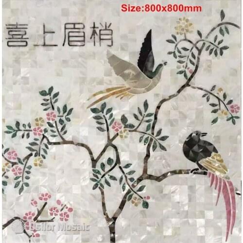 Customized handcrafted mosaic art mother of pearl mosaic tile art murals for interior house decoration flower and bird pattern