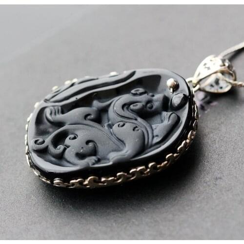 Silver Jewelry Wholesale Natural Black Obsidian Pendant S925 Sterling Silver Retro Thai Silver Pendant Fashion Male And Female