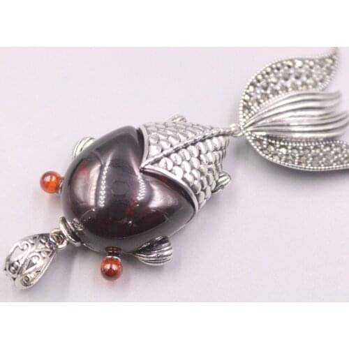 Pure 925 Sterling Silver Pendant 54x43mm Red Garnet Fish Charms For Woman
