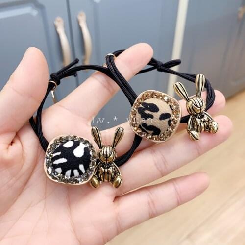 Leopard Print Rabbits Elastic Hair Bands Ponytail Holders Vintage Leopard Striped Grid Metal Bunny Hair Accessories Wholesale