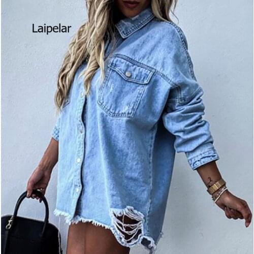 Batwing Sleeve Boyfriend Denim Shirts Jackets Coats Ripped Hole Loose Cardigans Button Jeans Blouses Women Outerwear Tops