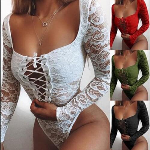 Sexy Lace Patchwork Bodysuit Black Cross Square Collar Long Sleeve Slim Women Bodysuits Skinny Party High Waist Bodysuit 2021New