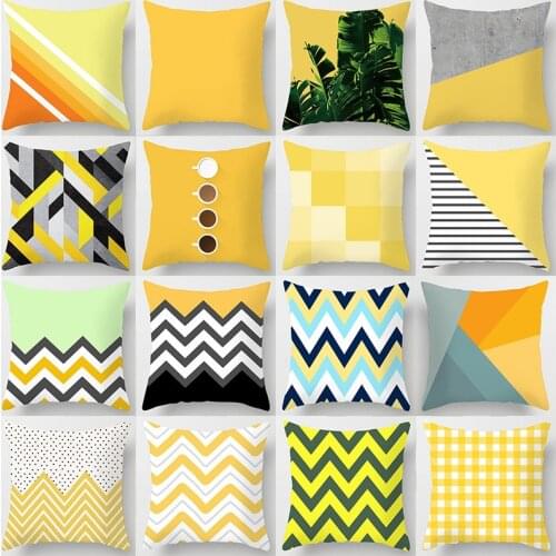 Yellow Geometric Throw Pillow Case Yellow Chevron Grid Leaves Check Cushion Covers for Home Sofa Chair Decorative Pillowcases