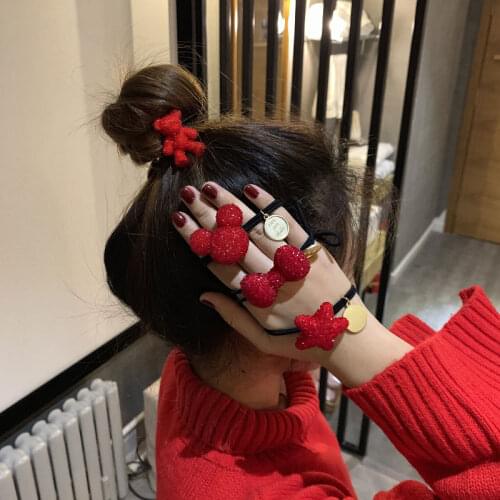 Red Rhinestone Velvet Elastic Hair bands Hair Ties Shiny Cute Cartoon Bear Bowknot Hair Accessories For Women Headwear Wholesale
