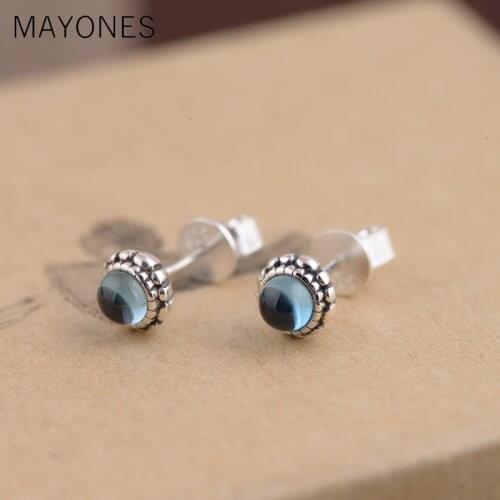MAYONES 925 Sterling Silver Blue Topaz Earrings Studs For Women Vintage Type Thai Silver Flower Design Brincos 2019