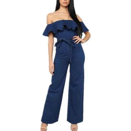 Women Summer Off Shoulder Ruffled Denim Jumpsuit Wide Leg Jeans Rompers Jumpsuits Club Pants