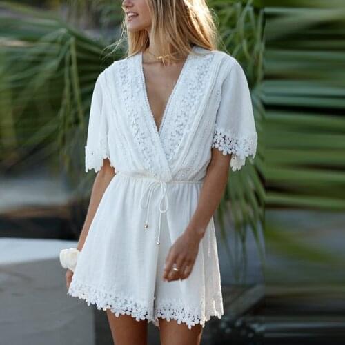 Cotton Sexy V-Neck Lace Patchwork Womens Playsuit Elegant Solid White Lace Up Jumpsuit Female Summer Beach Party Lady Clothing