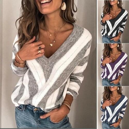 Women Autumn V Neck Long Sleeve Sweater Loose Knitted Pullover Sexy Jumper Tops Warm Striped Loose Causal Sweater Outwear 2020