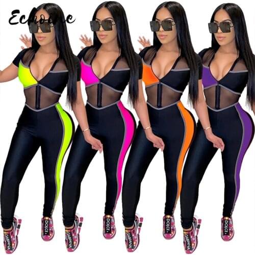 Workout Active Romper Womens Jumpsuit Sporty Mesh Patchwork See Though Fitness Bodycon Skinny Jumpsuits Playsuit Plus Size S-2XL