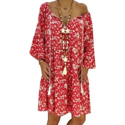 Summer dress Women Summer Bohemian Floral Print Casual Loose Deep-V 3/4 Sleeve Midi Dress robe femme Womens Clothing 2021
