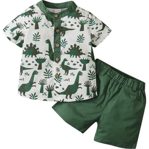 1-5Years Fashion Summer Boys Children Soft Clothes Sets Cartoon Dinosaur Print Button T-shirts Tops+Shorts Casual Cotton Suits