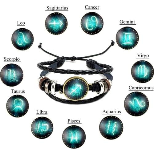 12pcs\lot Sagittarius/Aquarius/Scorpio/Libra/Capricorn 12 Constellation Bracelets Men Women Braided Leather Bracelet & Bangles