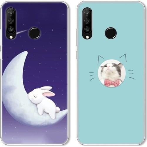 Cartoon Moon Rabbit Case For Huawei Nova 4e/P30 Lite,TPU Painted Mobile Phone Shell Lovely Color Painting Case.18 Colors