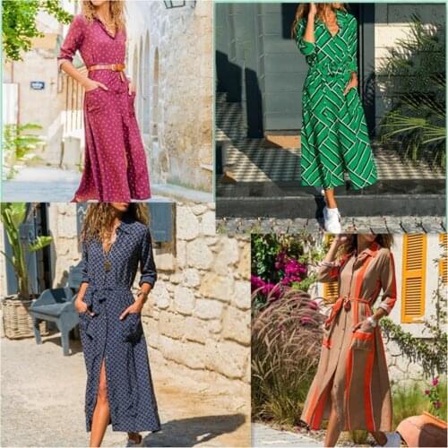 Elegant Womens Dresses Turn-Down Collar Split Long Sleeves Printing Gowns Hot Sale Ladies Long Dress Mid-Calf Plus Size 5XL