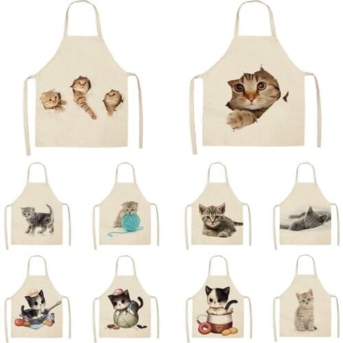 Kitchen Aprons Cartoon Cats Printed Cotton Linen Sleeveless Aprons For Woman/kids Home Cooking Baking Cleaning Tools 65*53cm