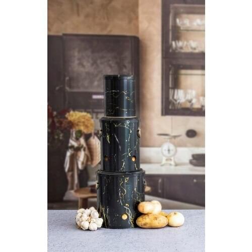 Potato Onion Garlic Storage Container 3 Piece Set Black Marble Top istiflenebilmektedir on Our Products, suitable for contact with Food