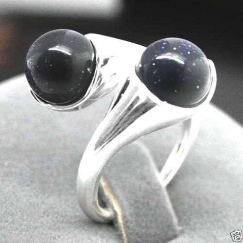 NATURAL 6MM BLUE SAND jade GEMS 925 STERLING SILVER RING SIZE ADJUSTABLE