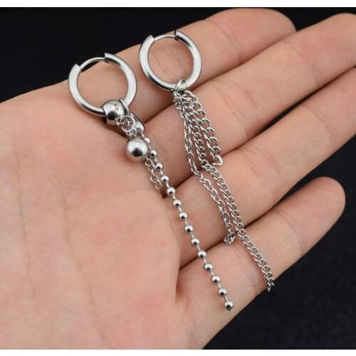 Korean KPOP Stainless steel chain bead Stud Earrings for Men Asymmetric Pop Jewelry Bangtan Boys silver color Geometric Women