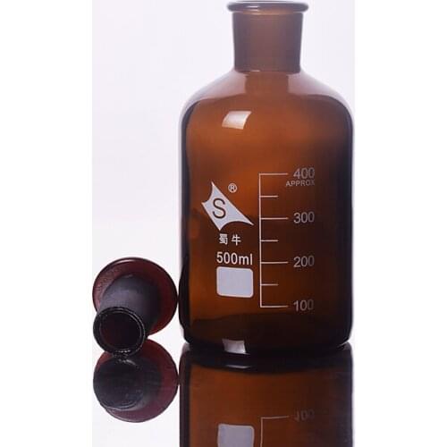 Brown Reagent bottle,Narrow neck with standard ground glass Hollow/Solid stopper,Clear,Ordinary glass,500ml,Sample Vials