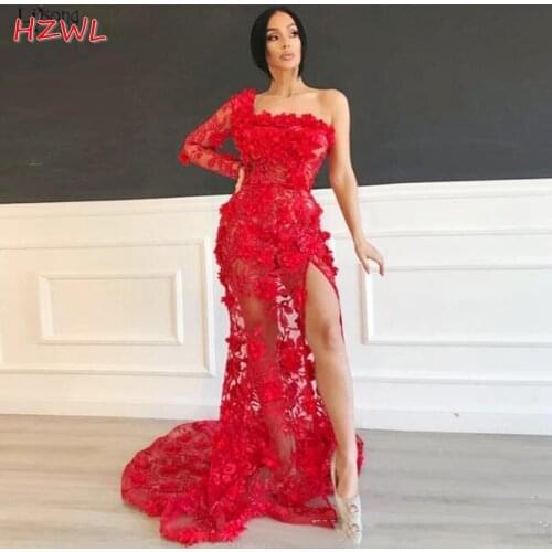 Red See Through One Shoulder Prom Dresses 2021 Long Sleeves Mermaid Lace Appliques High Split Evening Gowns Robe De Soiree