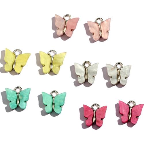 Multicolor Acrylic Gold Color Alloy Cute Butterfly Charms 10Pcs/set Metal Insect Pendant Wholesale For DIY Earrings Accessories