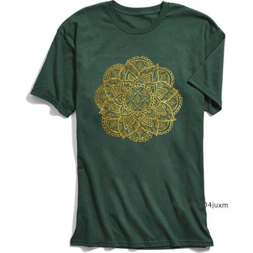 Punk Men Tshirt Green T Shirt Mandala Fancy Golden Geometric T-shirts 100% Cotton O Neck Mens Tops Tees Vintage Design