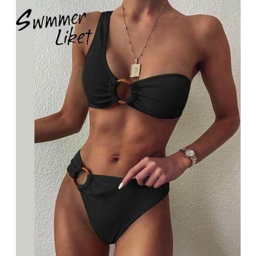Solid bikinis 2020 mujer One shoulder swimsuit female bathers two piece Ring swimwear women High cut bathing suit sexy biquini