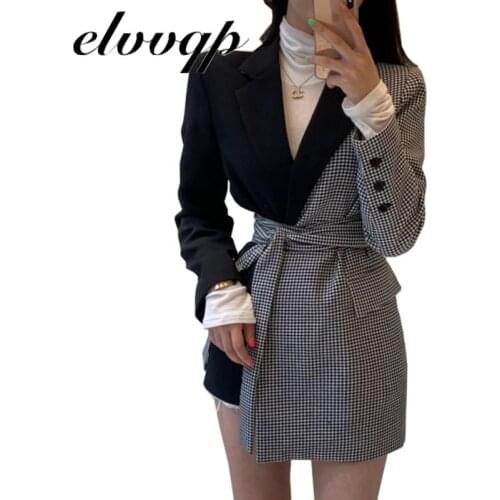 Autumn New Stylish Patchwork Women Plaid Blazer Spring Long Sleeve Slim Waist Female Irregular Hem Suit Jacket With Belt Lu1791