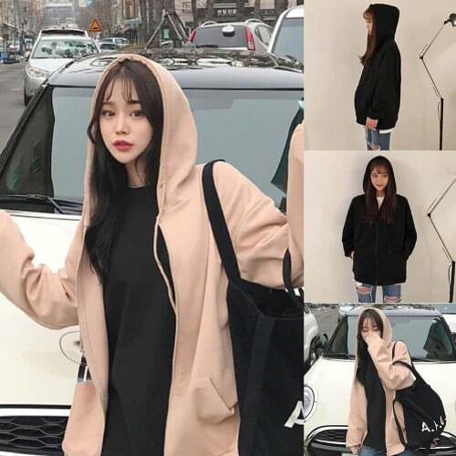 Autumn Women Solid Color Drawstring Long Sleeve Zipper Pocket Hoodie Sweatshirt