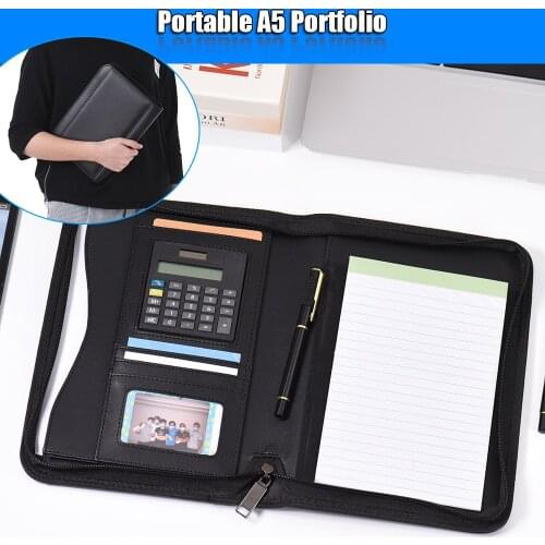 Padfolio Folder A5 PU Leather Business Document Case Organizer Zippered Closure with Calculator Card Holder Memo