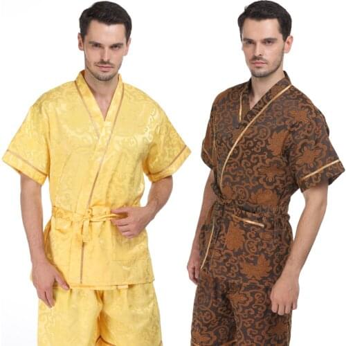 Mens Pajamas Sets Kimono Printed Cotton Short Sleeve V Neck Lace Up Sleepwear Shorts Japanese Leisure Men Nightwear Suit