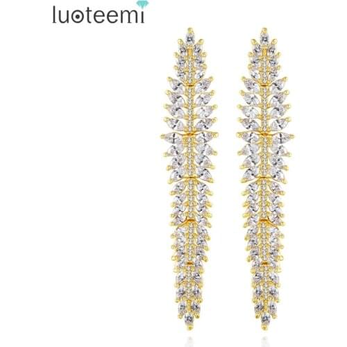 LUOTEEMI Luxury Long Leaf Drop Earrings for Women Wedding Engagement Fashion Jewelry CZ Pendientes Bijoux Femme Christmas Gifts