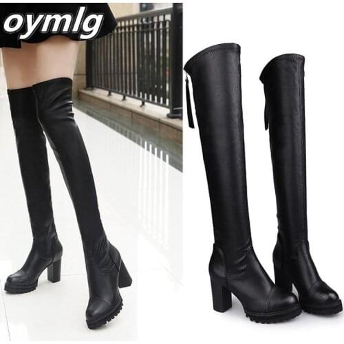 New Autumn Winter Womens Pu Leather Over The Knee Boots Back Zip Thick High Heel Platform Thigh Boots Ladies Fashion Shoe Black