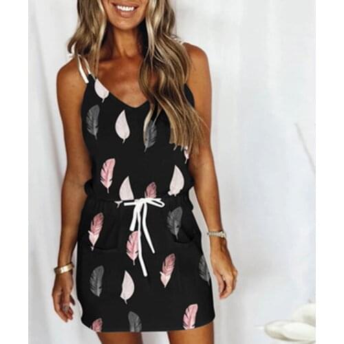 Sexy Feather Print V Neck Sling Party Dress Women Spring Lace-up Belted Pocket Mini Dress Summer Sleeveless Casual Beach Dresses