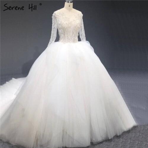Serene Hill White O-Neck Crystal Ruched Sexy Wedding Dress 2020 Tulle Long Sleeves High-end Bridal Gown Custom Made CHA2284
