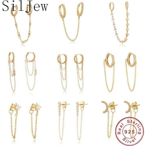 SilJew 1Piece Double Piercing 925 Sterling Silver Gold Color Cz Link Chain Tassel Romantic Women Earring Jewelry Pendientes 2021