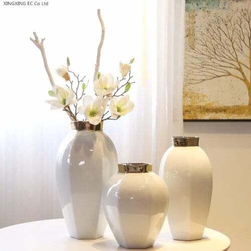 Home Decoration Vase Ceramic Plating Gold White Vase Living Room Office Furnishings Crafts Countertop Vase Flower Arrangement