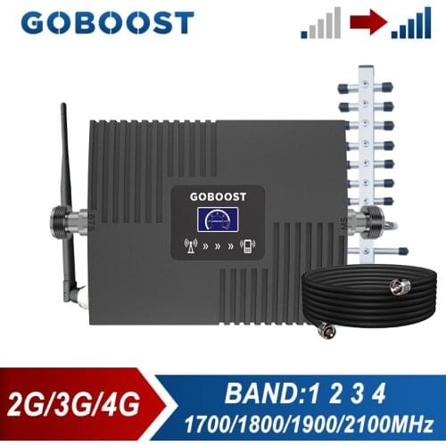 GOBOOST 2G 3G 4G Repeater 1700/1800/1900/2100MHz Signal Booster Band 1 2 3 4 Cell Phone Amplifier Antenna With 10M Cable Kit